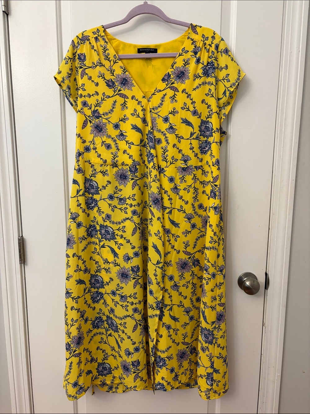 Banana Republic Yellow Floral V-Neck Midi Dress with Purple Print
